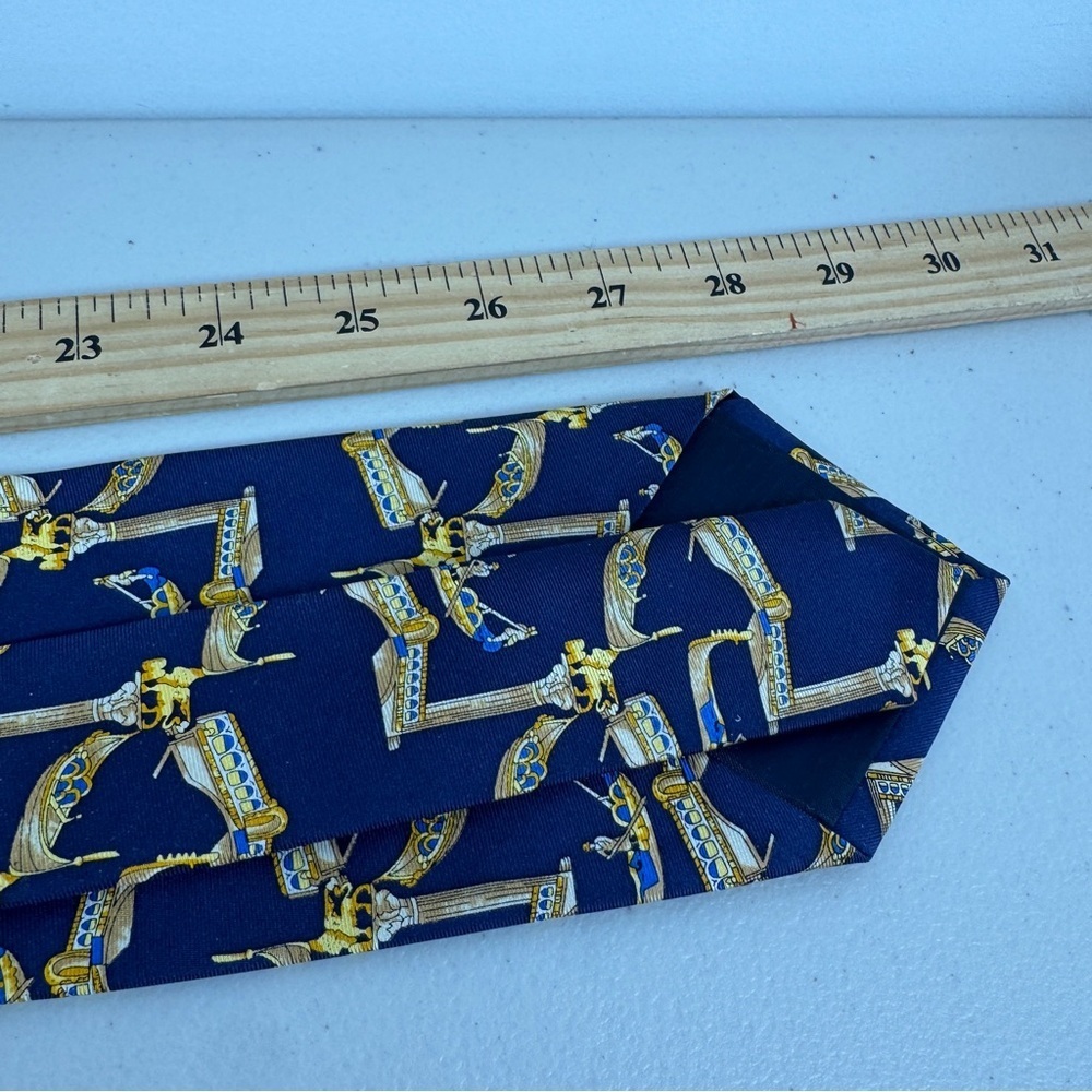 Trevisan Venezia Silk Elegant Navy and Gold Mens Tie Gondola Print Made in Italy - Picture 10 of 16
